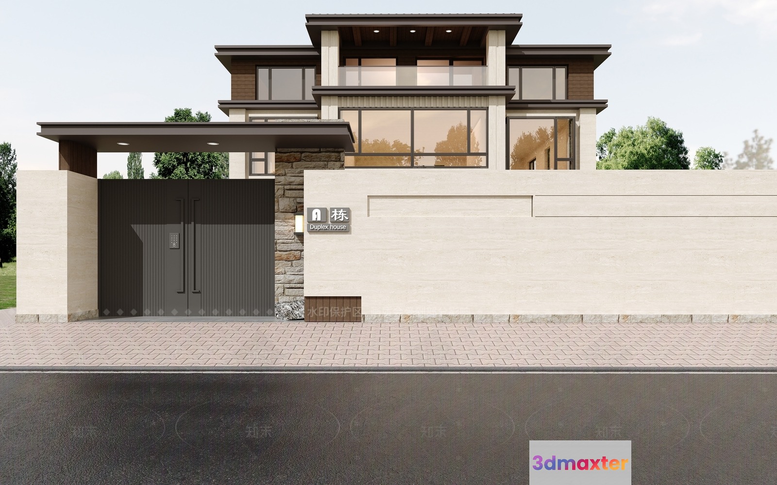 The Main Subject Is A Large House With A Fence And Gate 3D Model - 8009 - CORONA Render