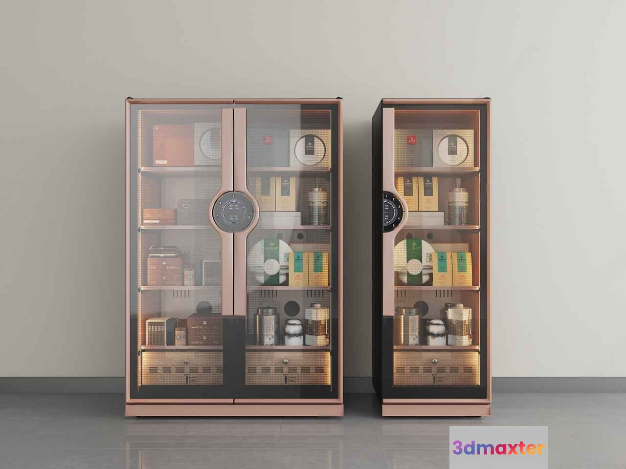 Two Large Cabinets With Glass Doors And Various Items Inside 3D Model - 8549 - VRAY Render