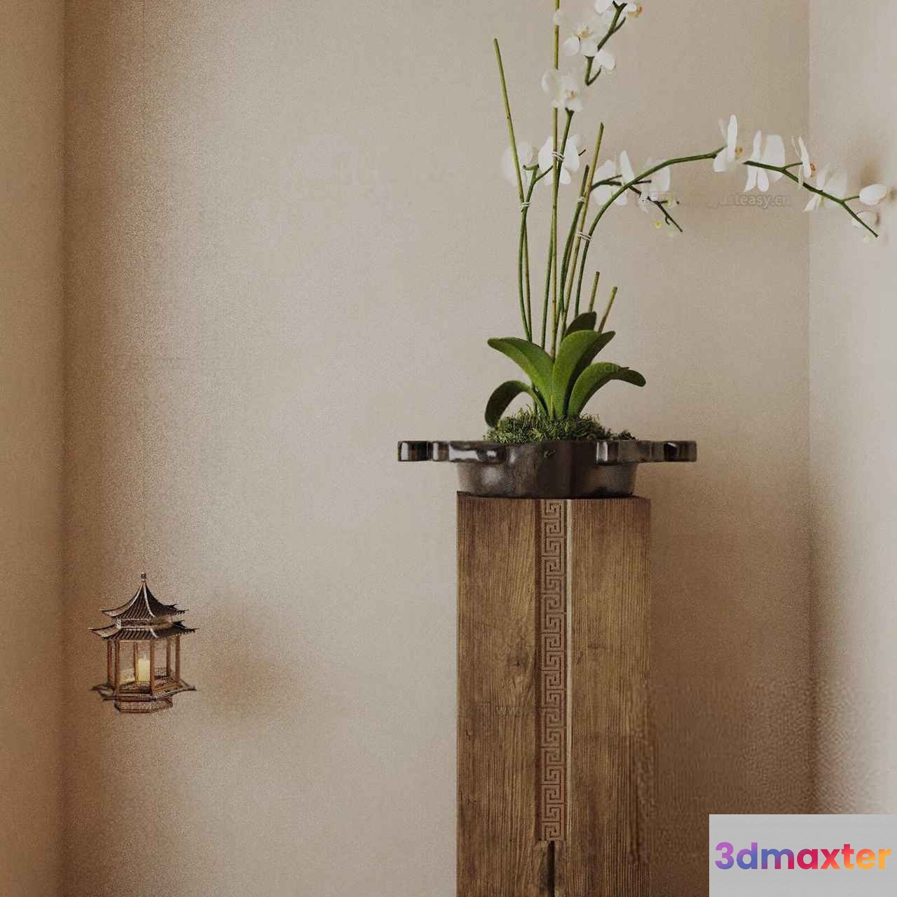 A Tall Wooden Plant Stand With A White Orchid 3D Model - 1523 - VRAY Render