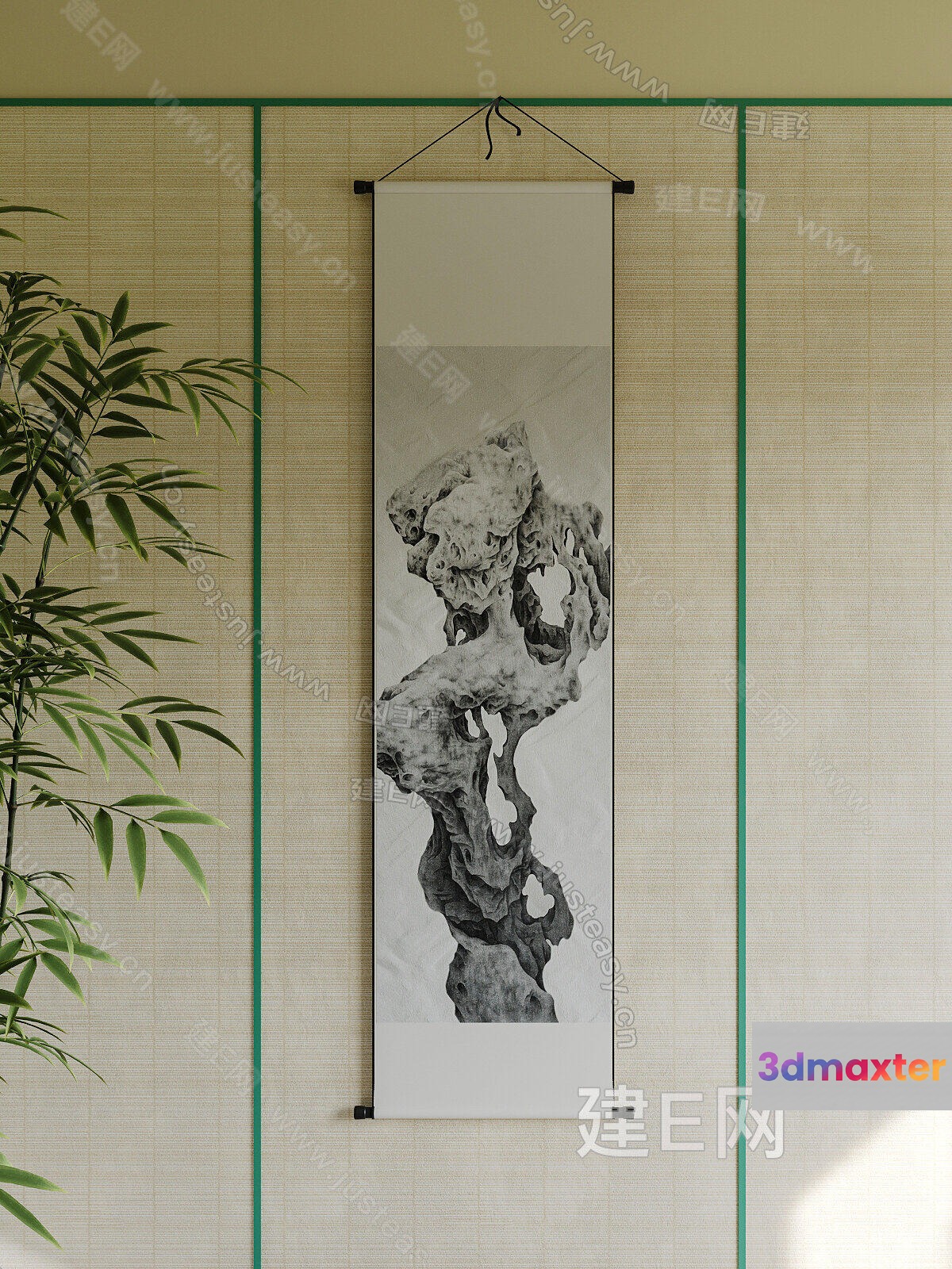 A Hanging Scroll With A Black And White Drawing Of A Tree 3D Model - 5266 - CORONA Render