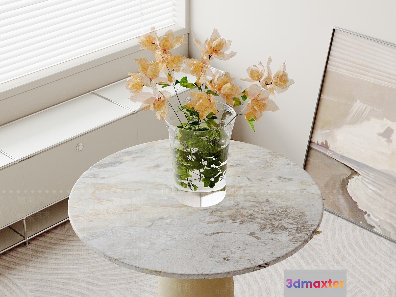 A Round Table With A Marble Top And A Vase Of Flowers On It 3D Model - 23207 - VRAY Render