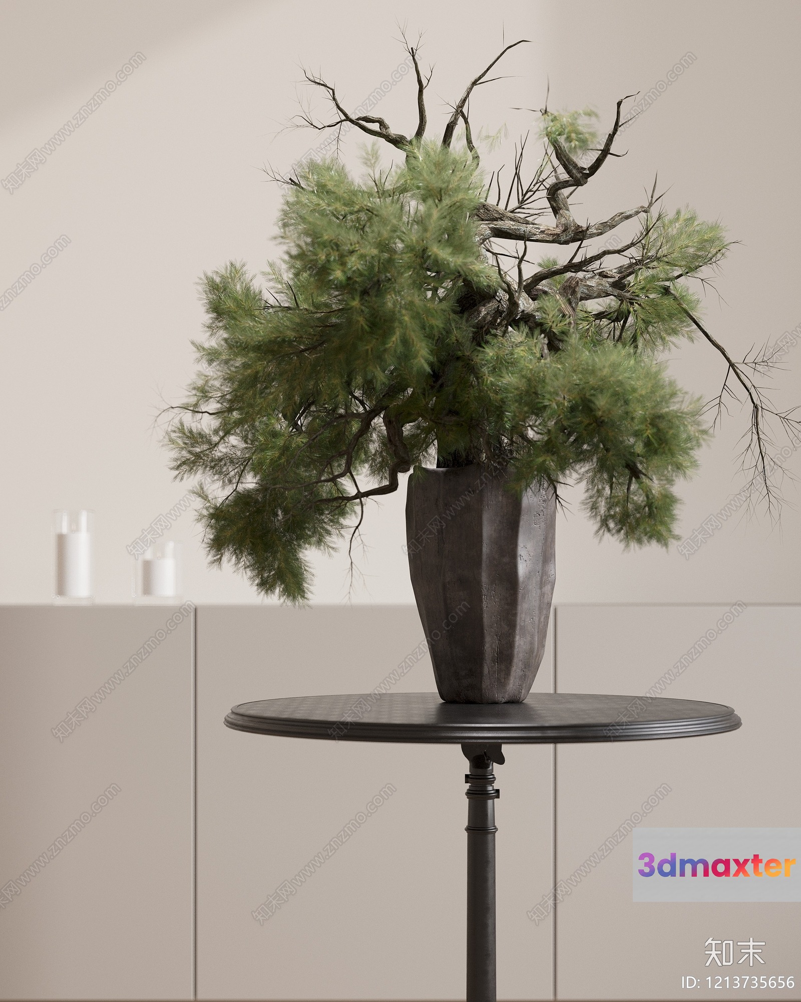 A Vase With A Pine Branch On A Table 3D Model - 7910 - VRAY Render