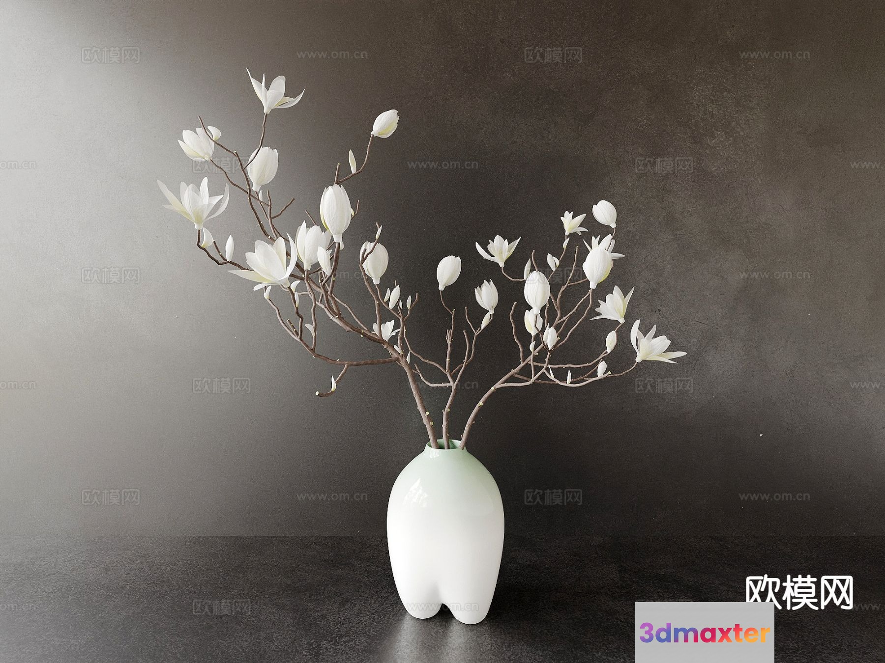 A White Vase With Branches And White Flowers 3D Model - 17839 - CORONA Render
