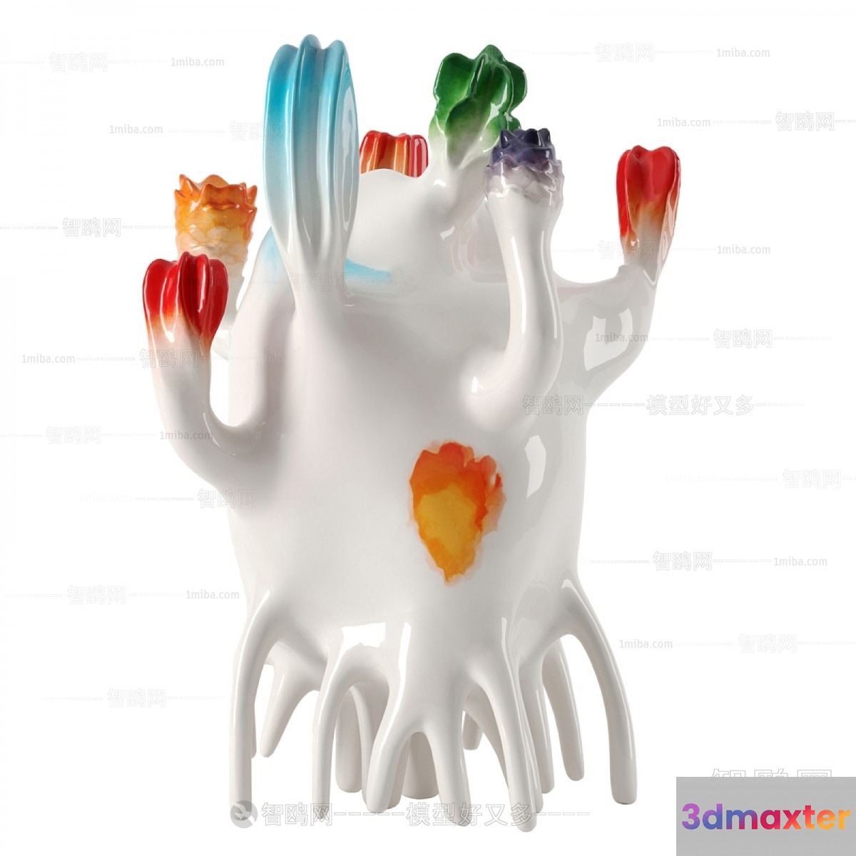 A White Ceramic Vase With Colorful Flowers 3D Model - 4912 - VRAY Render