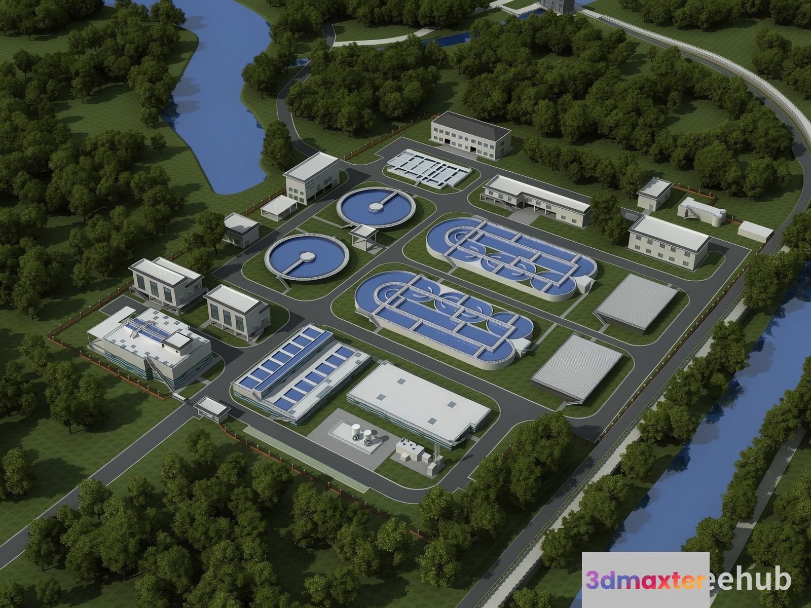 Aerial View Of A Water Treatment Plant 3D Model - 21278 - VRAY Render