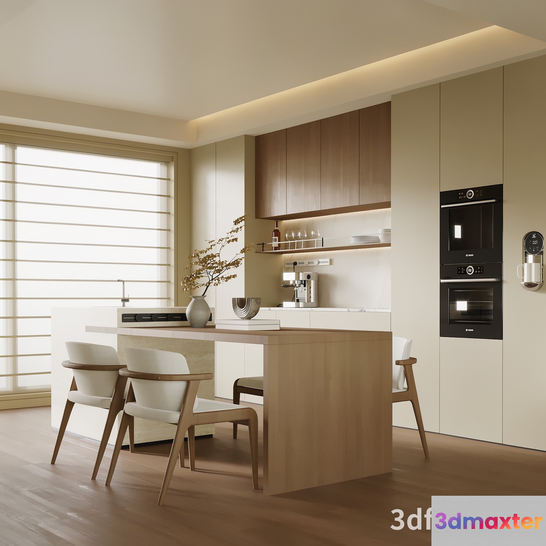 Modern Kitchen With White And Brown Color Scheme 3D Model - 20455 - VRAY Render
