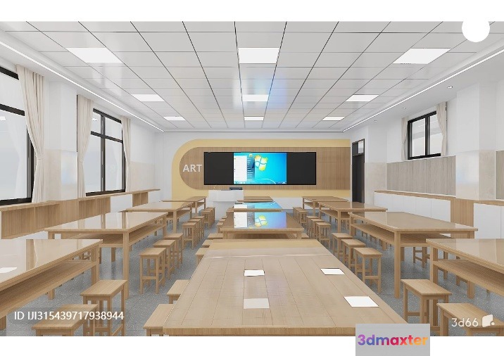 A Classroom With Wooden Tables And Benches 3D Model - 4932 - VRAY Render