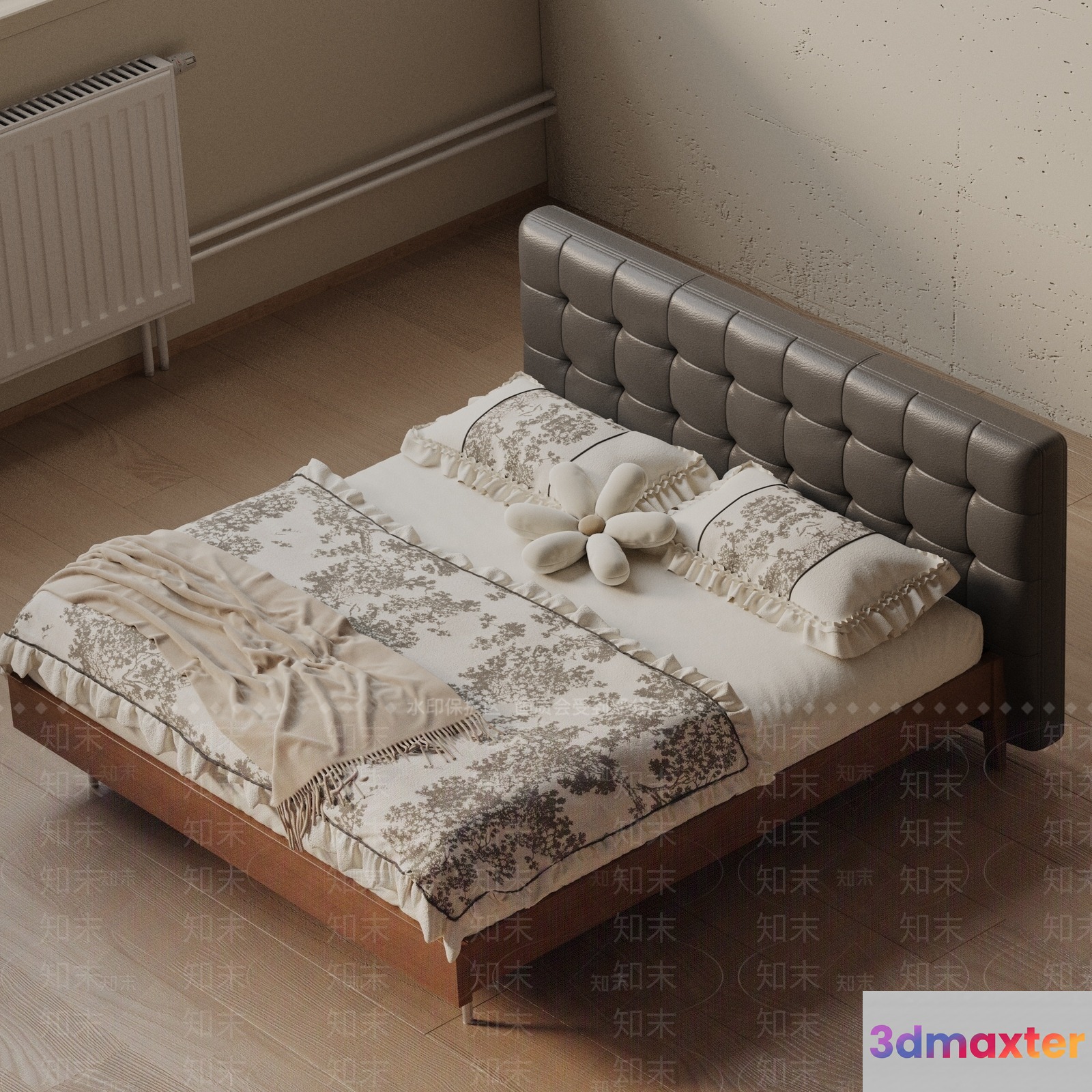 A Bed With A Gray Headboard 3D Model - 11571 - VRAY Render