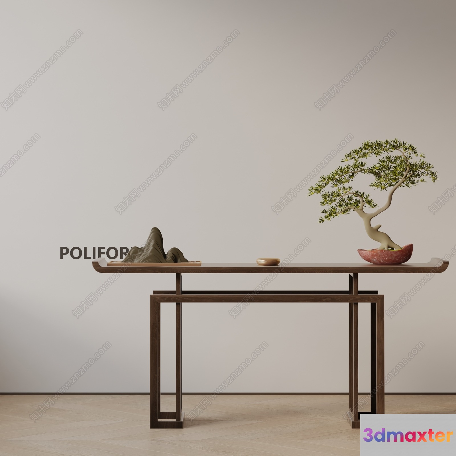 A Table With A Bonsai Tree And Decorative Rock 3D Model - 5715 - VRAY Render