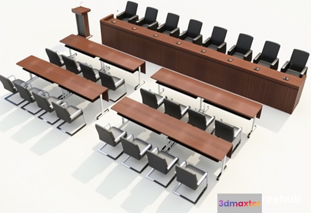 A Courtroom With Long Wooden Tables And Black Chairs 3D Model - 21991 - VRAY Render