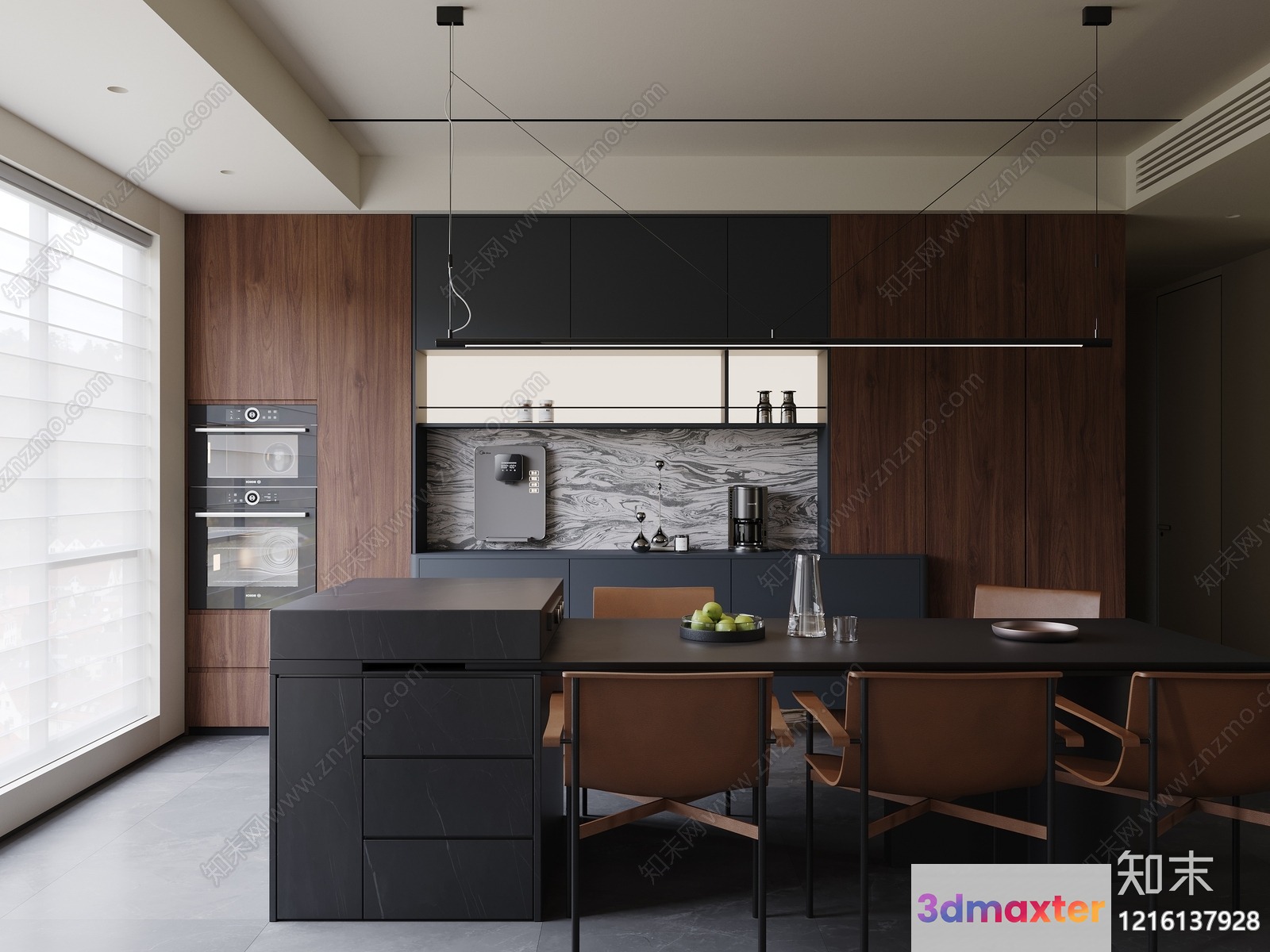 A Modern Kitchen With A Large Dining Table 3D Model - 13906 - VRAY Render