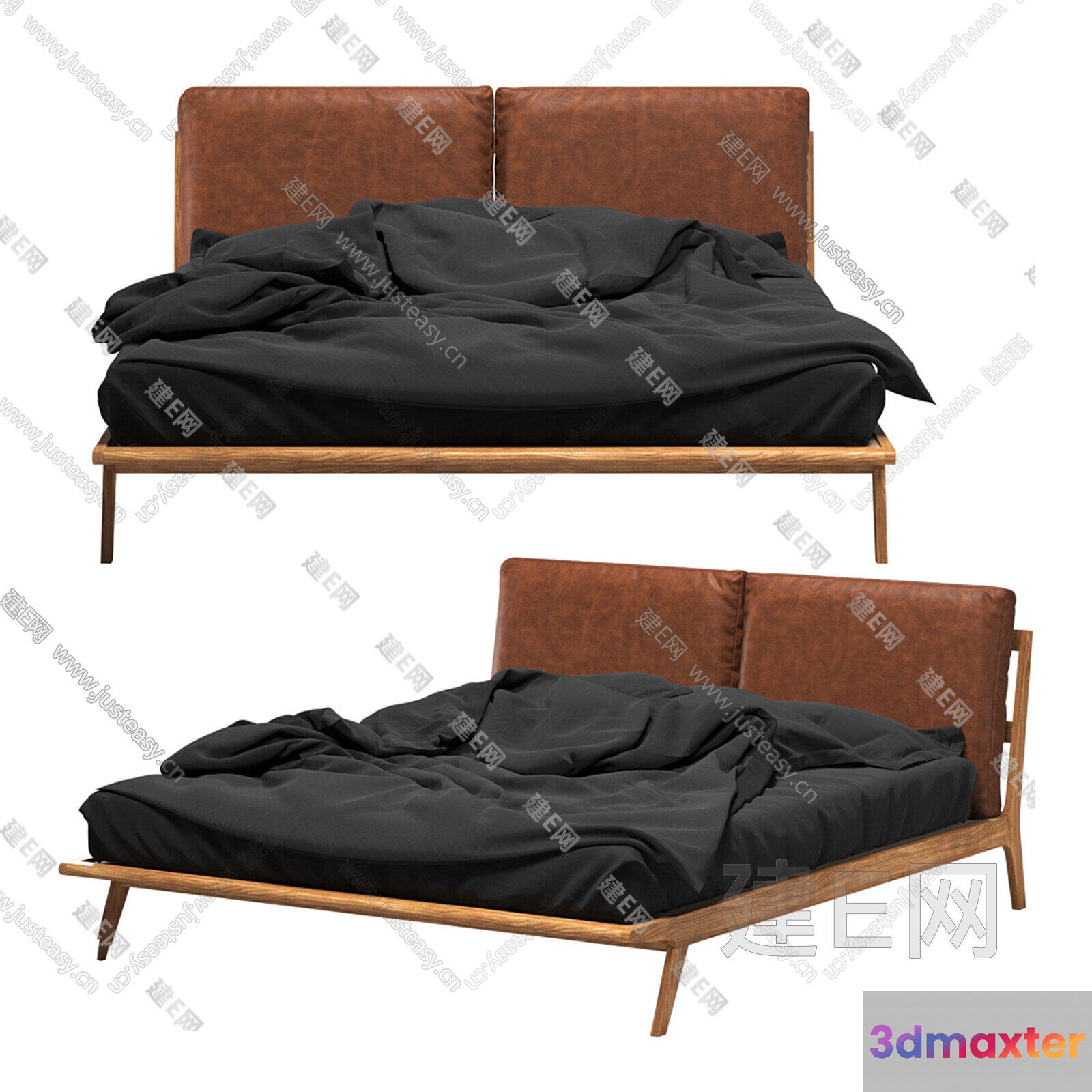 A Bed With A Brown Leather Headboard And A Black Comforter 3D Model - 3736 - VRAY Render