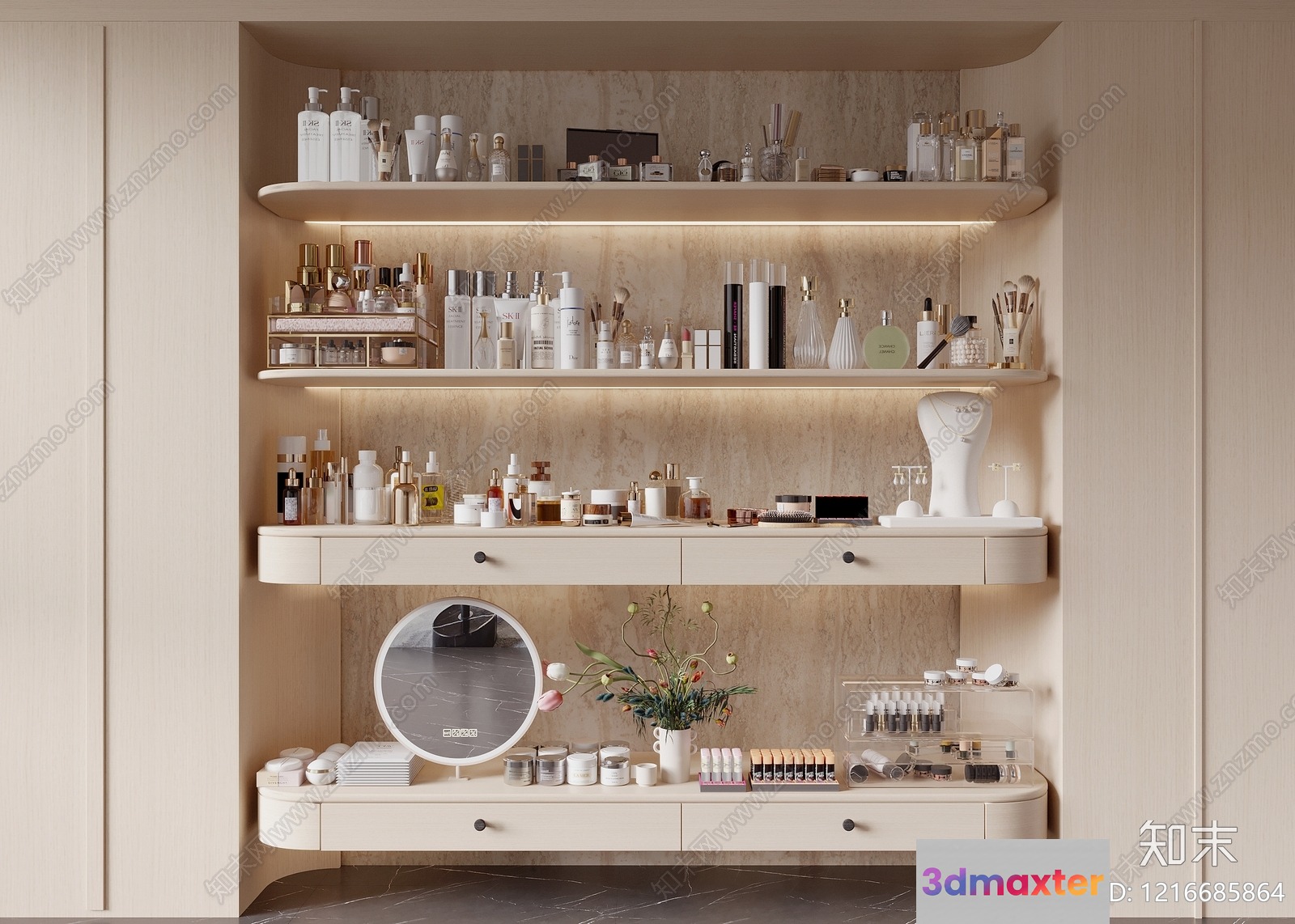 A Shelf With Various Cosmetics 3D Model - 16443 - VRAY Render