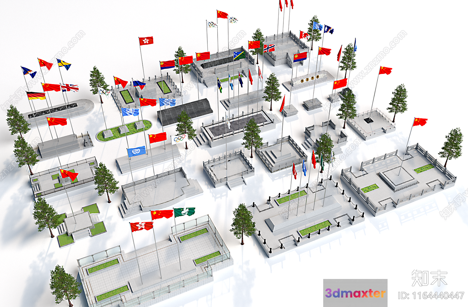 A Collection Of Flags On A White Background 3D Model - 4910 - VRAY Render