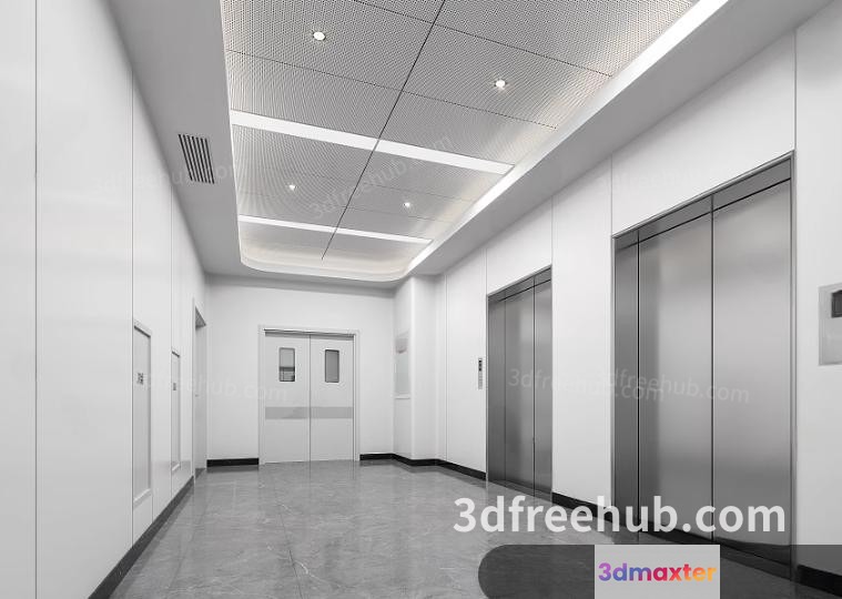 A White Hallway With An Elevator 3D Model - 19957 - VRAY Render