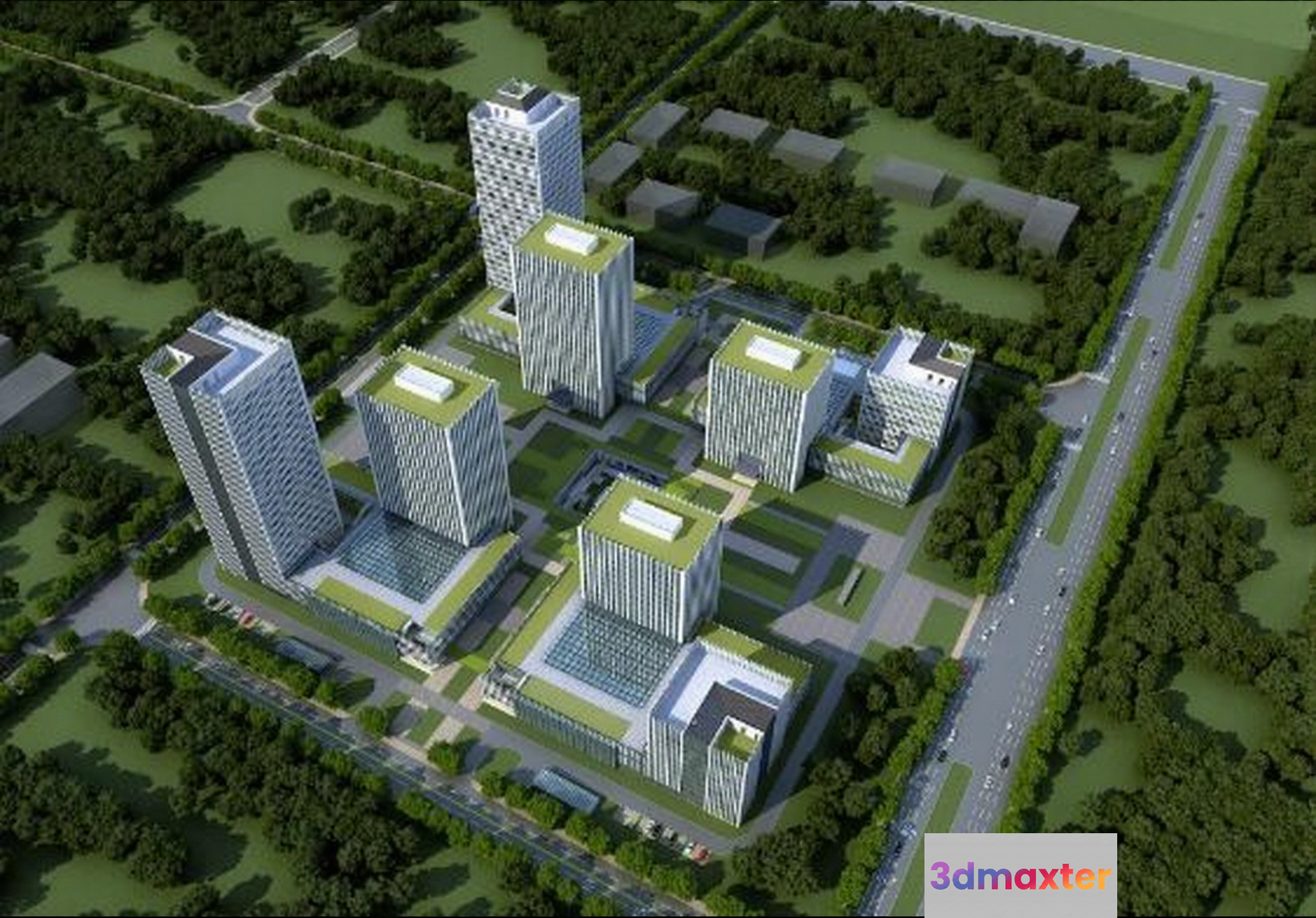 This Image Depicts A Modern Cityscape With Several Tall Buildings Showcasing A Contemporary 3D Model - 2047 - VRAY Render
