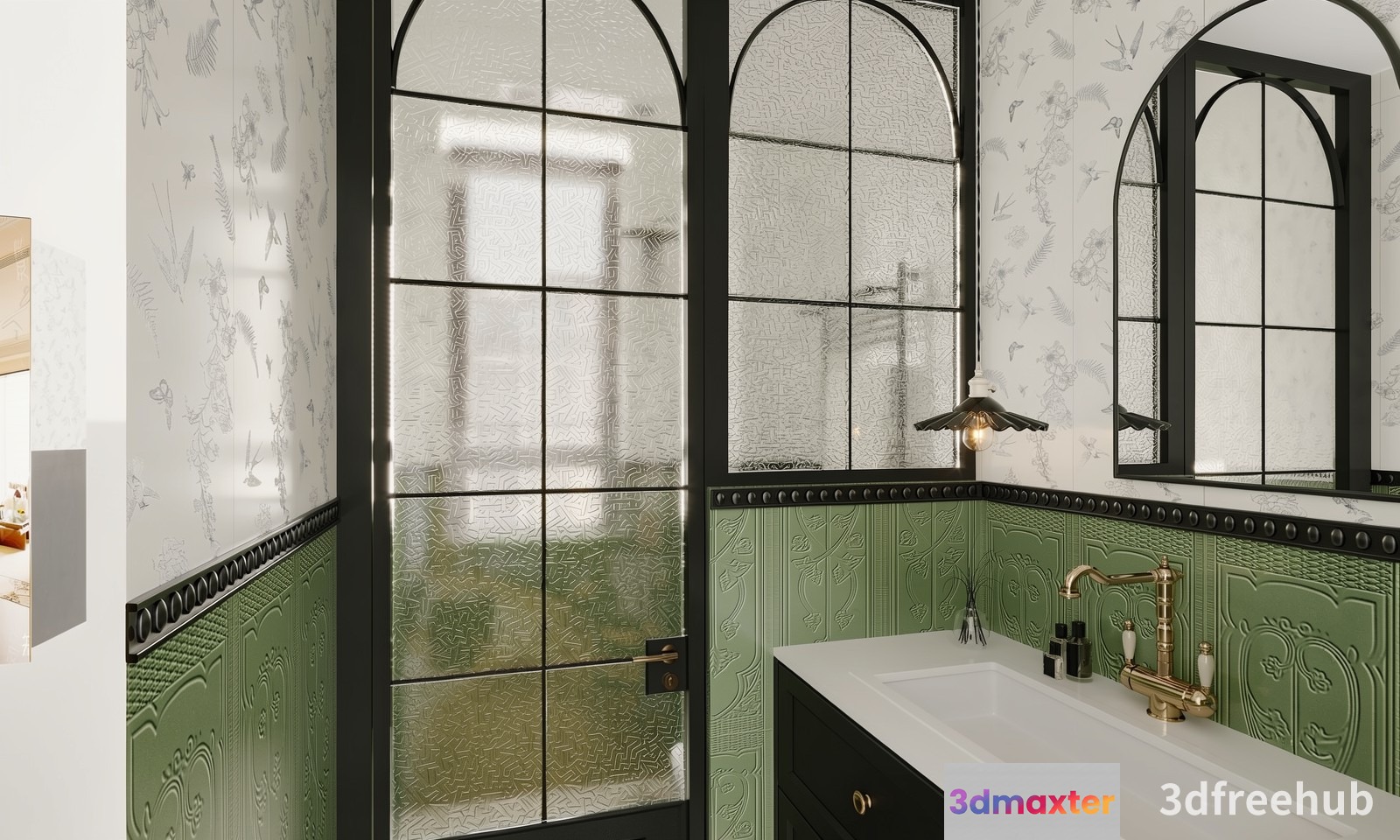 A Bathroom With A White Sink And Green Accents 3D Model - 21215 - VRAY Render