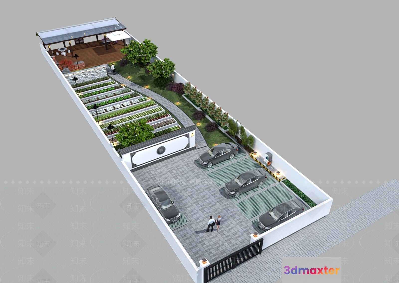 A 3D Rendering Of A Parking Lot With A Garden And A Building 3D Model - 12752 - VRAY Render