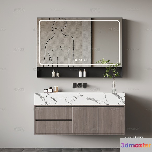 A Modern Bathroom Vanity With A Mirror And Marble Countertop 3D Model - 10325 - VRAY Render