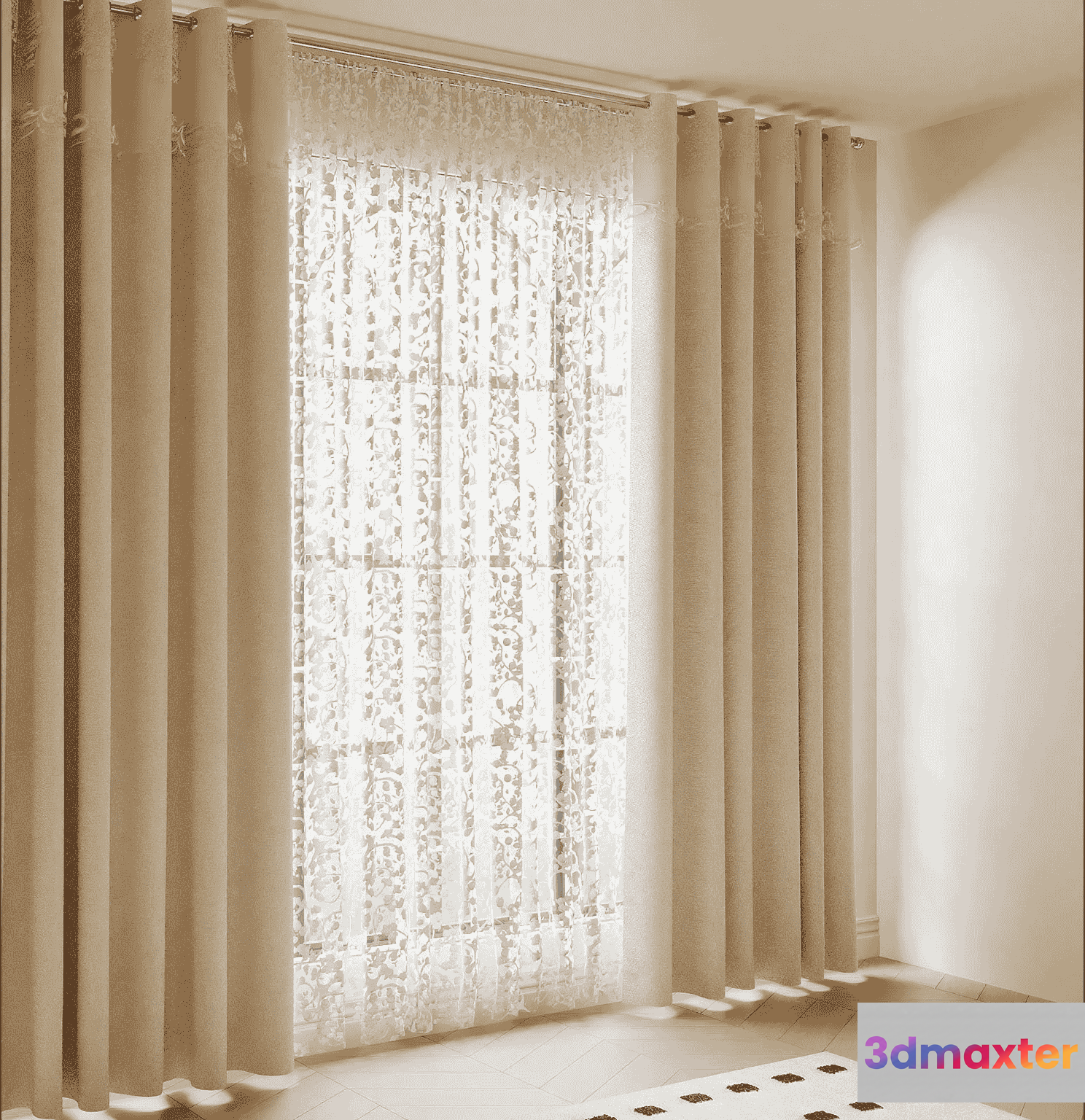 Beige Lace Curtains 3D Model - 13196 - VRAY Render