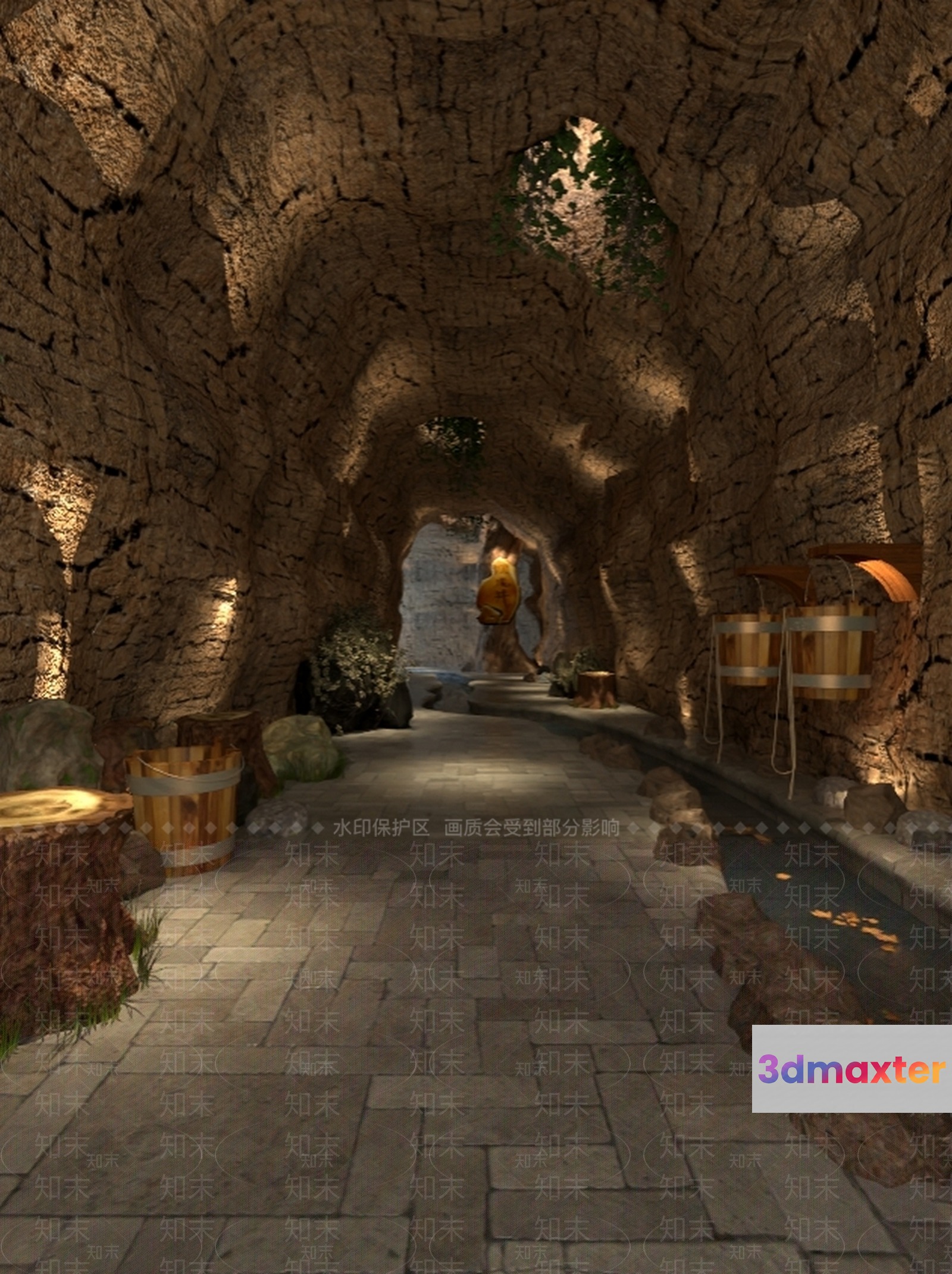 A Stone Hallway With A Barrel 3D Model - 11207 - VRAY Render