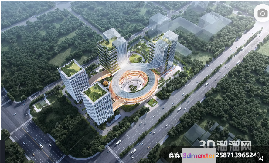 A 3D Rendering Of A Cityscape With A Large Building And Road 3D Model - 3022 - VRAY Render
