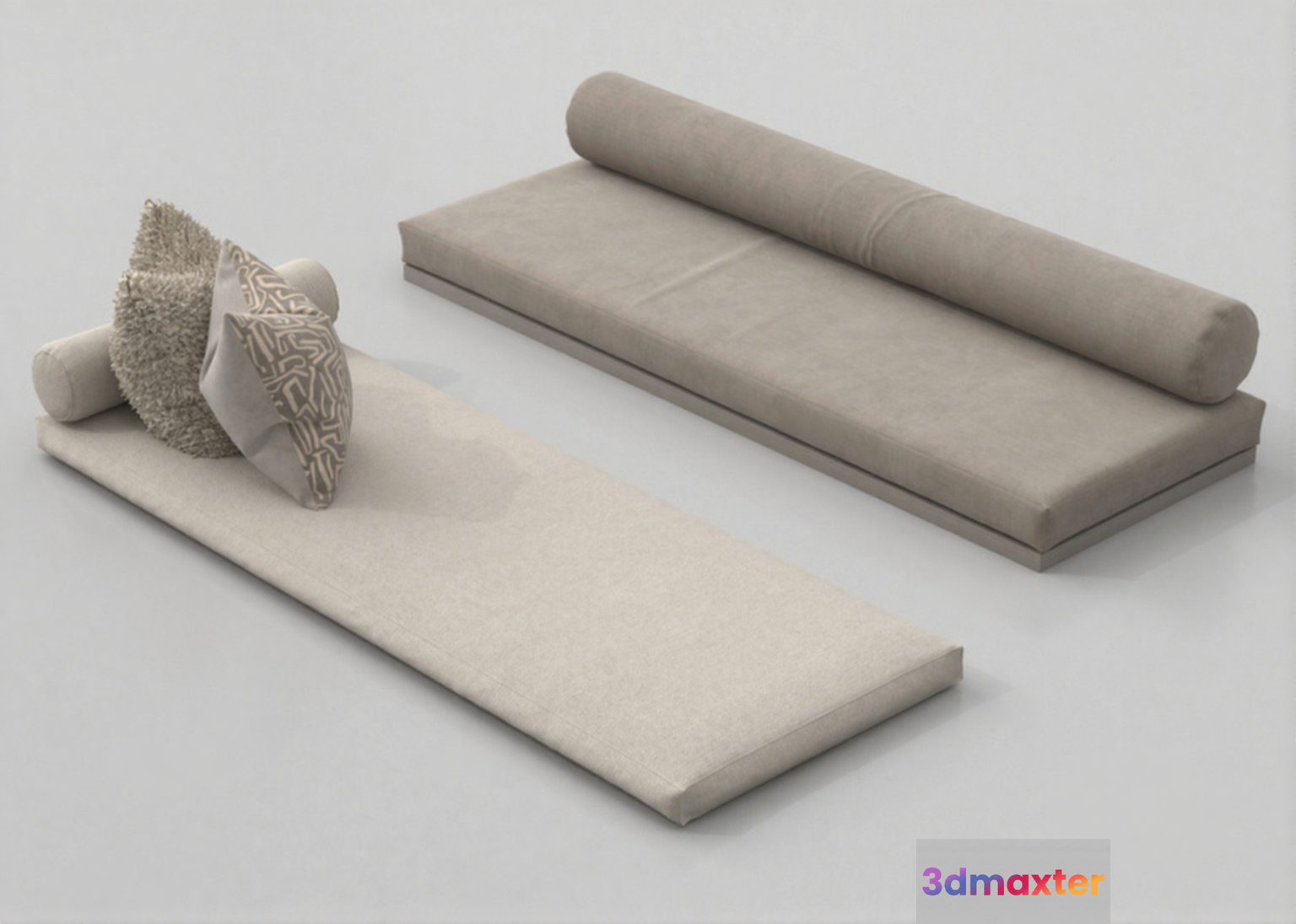 Two Light-Colored Futon Mats With Rolled-Up Pillows 3D Model - 7763 - VRAY Render