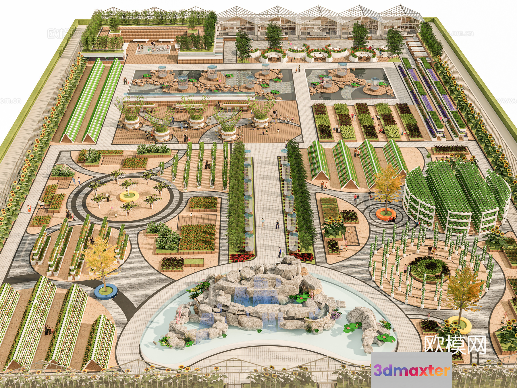 A 3D Rendering Of A Large Garden With Various Plants And A Pond 3D Model - 3444 - VRAY Render