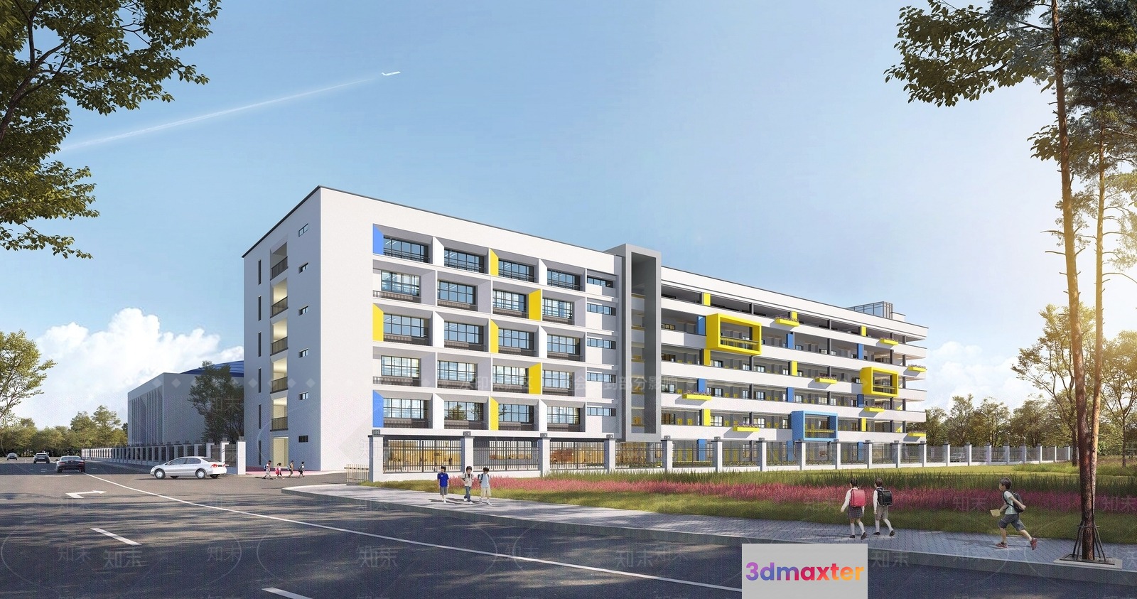 A Large White Building With Yellow Accents 3D Model - 14084 - VRAY Render