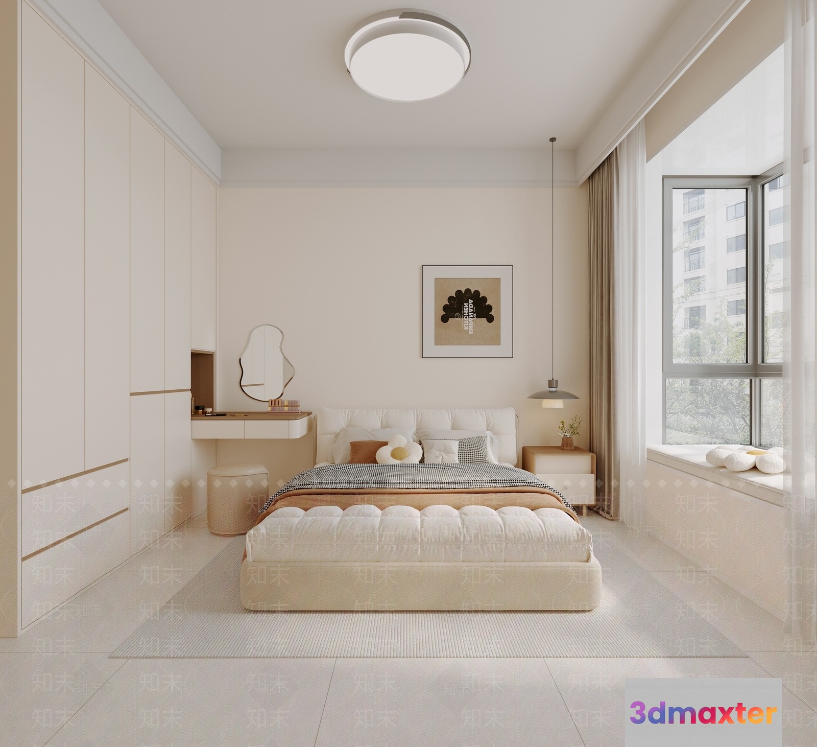 Modern Creamy Bedroom 3D Model - 11634 - CORONA Render