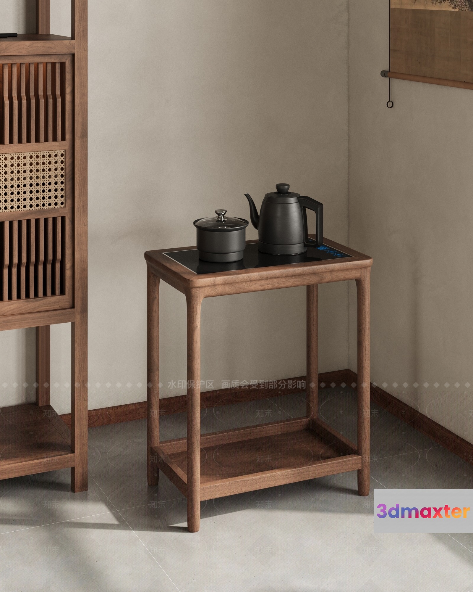 A Wooden Table With A Kettle And Pot 3D Model - 22055 - CORONA Render