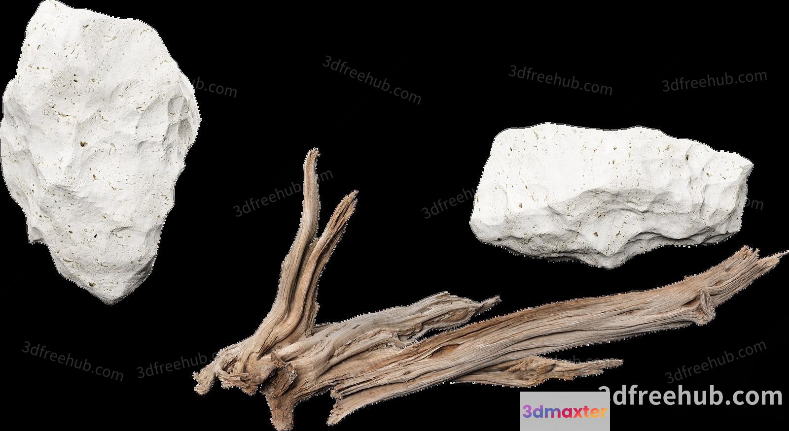 A Piece Of White Rock And A Piece Of Driftwood 3D Model - 21444 - VRAY Render