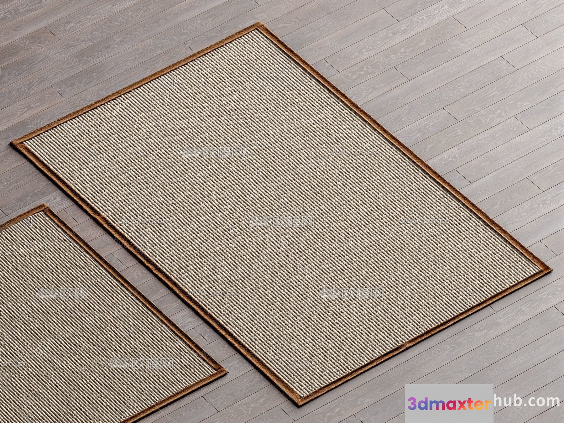 Two Beige Rugs With Brown Borders On A Grey Wooden Floor 3D Model - 23490 - VRAY Render