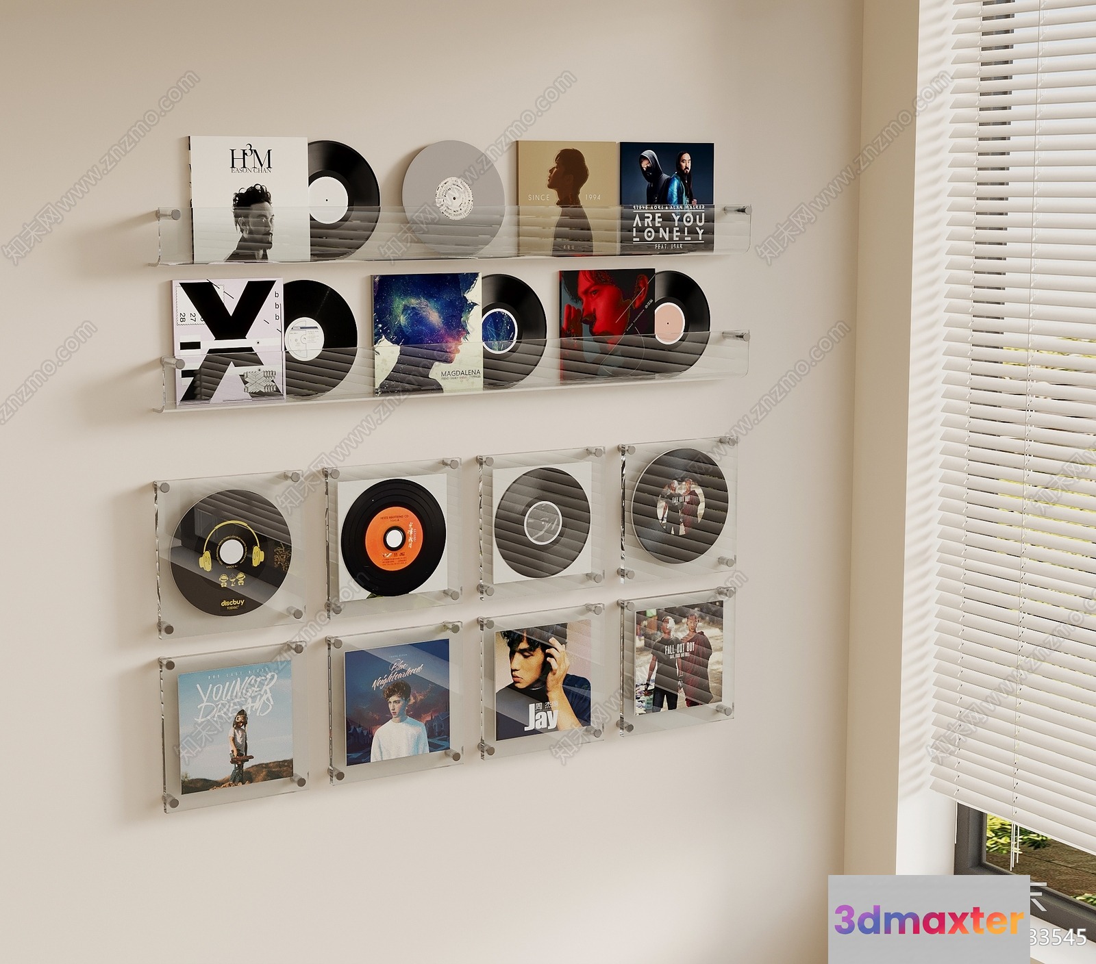 A Wall-Mounted Vinyl Record Display With A Minimalist Aesthetic 3D Model - 15698 - VRAY Render