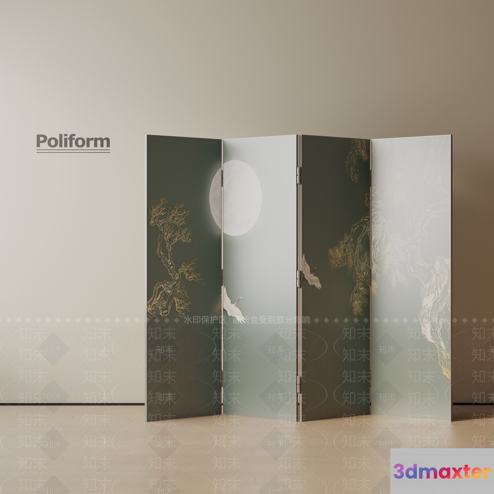 A Room Divider With A Moon And Bird Design 3D Model - 12074 - VRAY Render