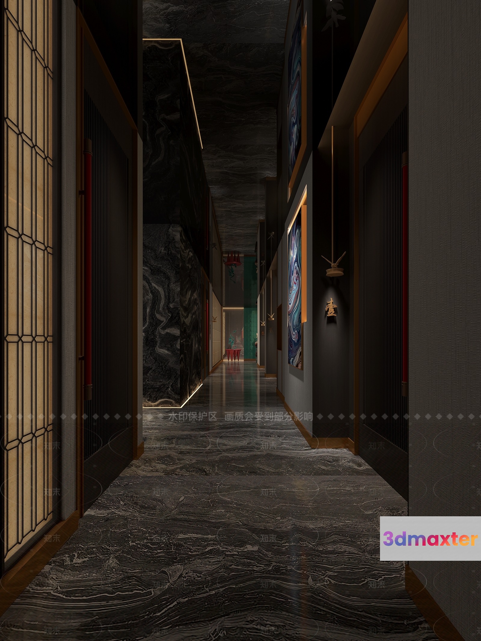 A Long Hallway With Dark Marble Walls And Floors 3D Model - 19239 - VRAY Render