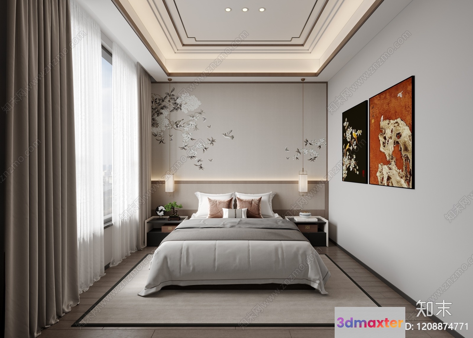 A Serene Bedroom With A Large Bed 3D Model - 2403 - VRAY Render