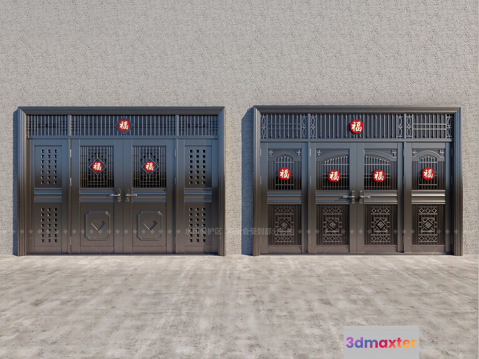Two Ornate Doors With Chinese Characters 3D Model - 3551 - VRAY Render