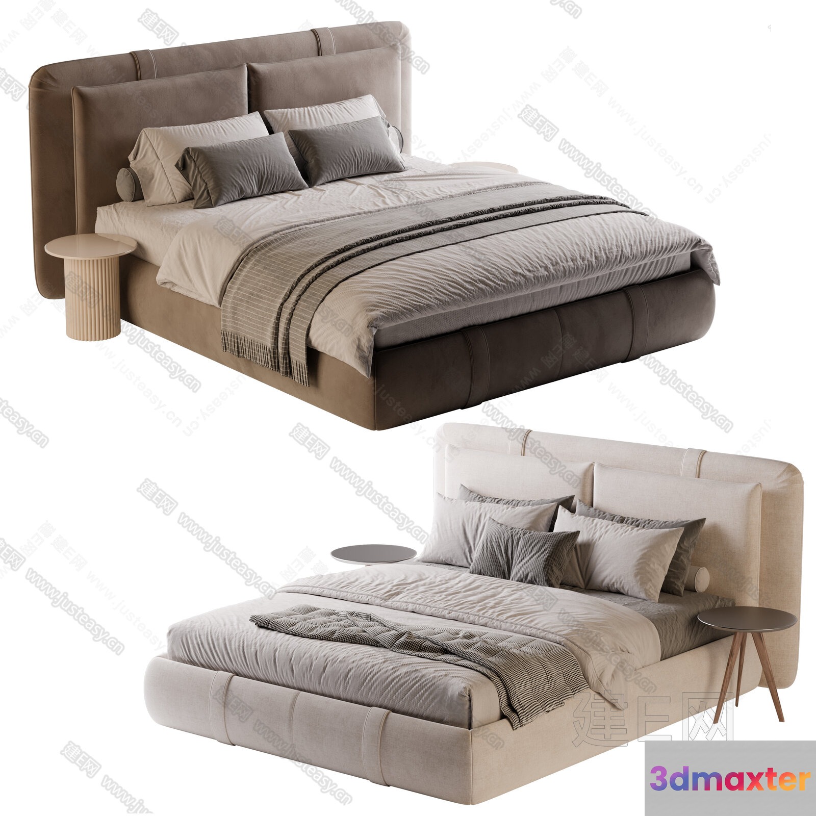 A Bed With A Beige Headboard 3D Model - 14227 - CORONA Render
