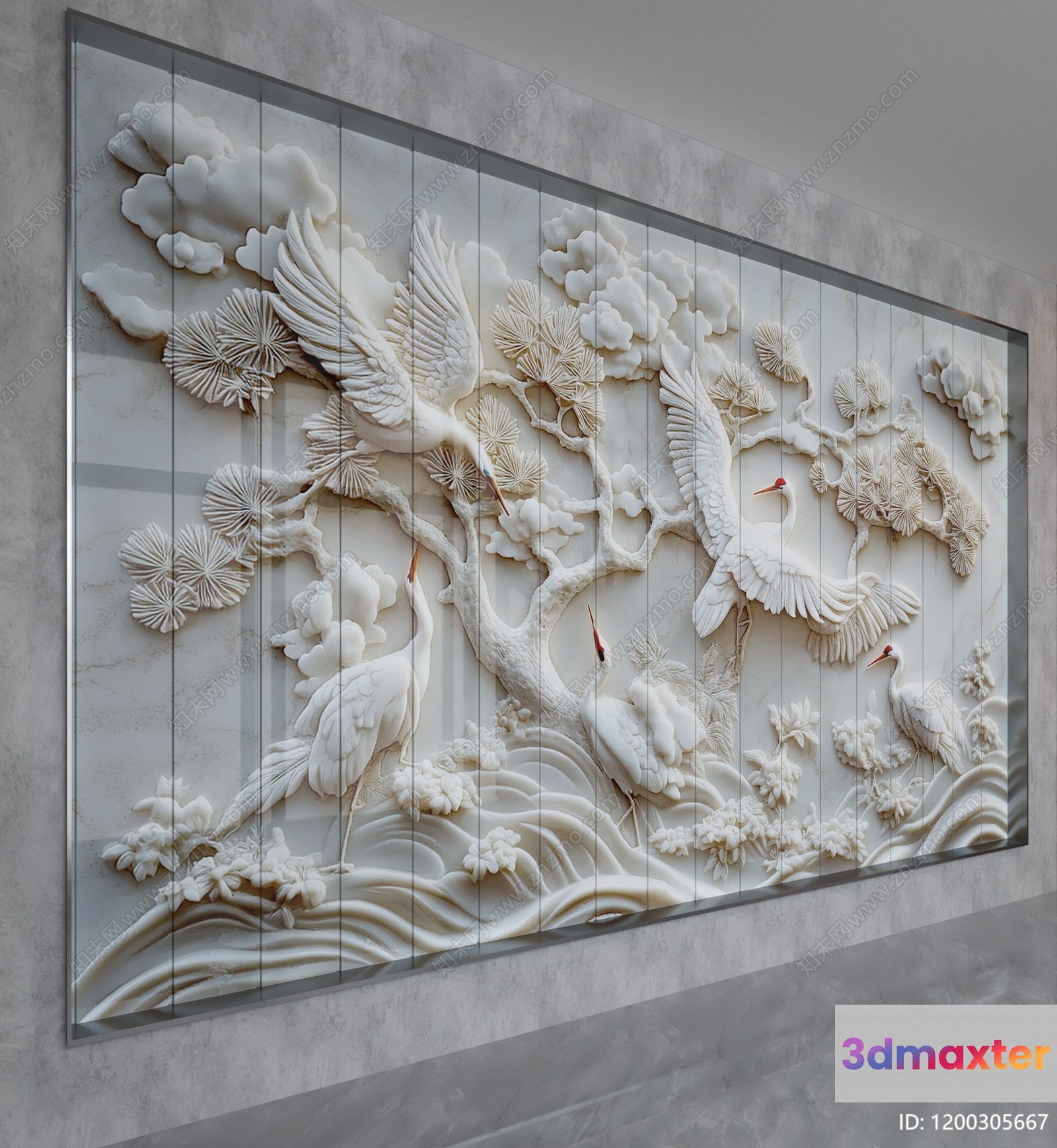 A White Marble Relief Of Cranes In Flight 3D Model - 12930 - VRAY Render