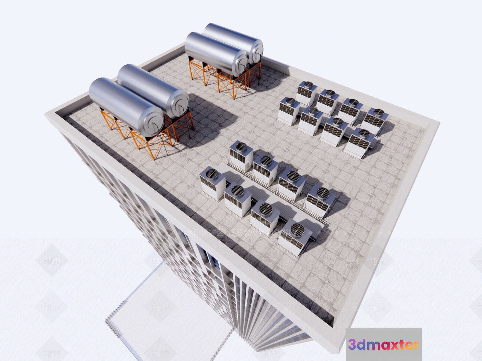 A Rooftop With Water Tanks And Air Conditioning Units 3D Model - 16609 - VRAY Render