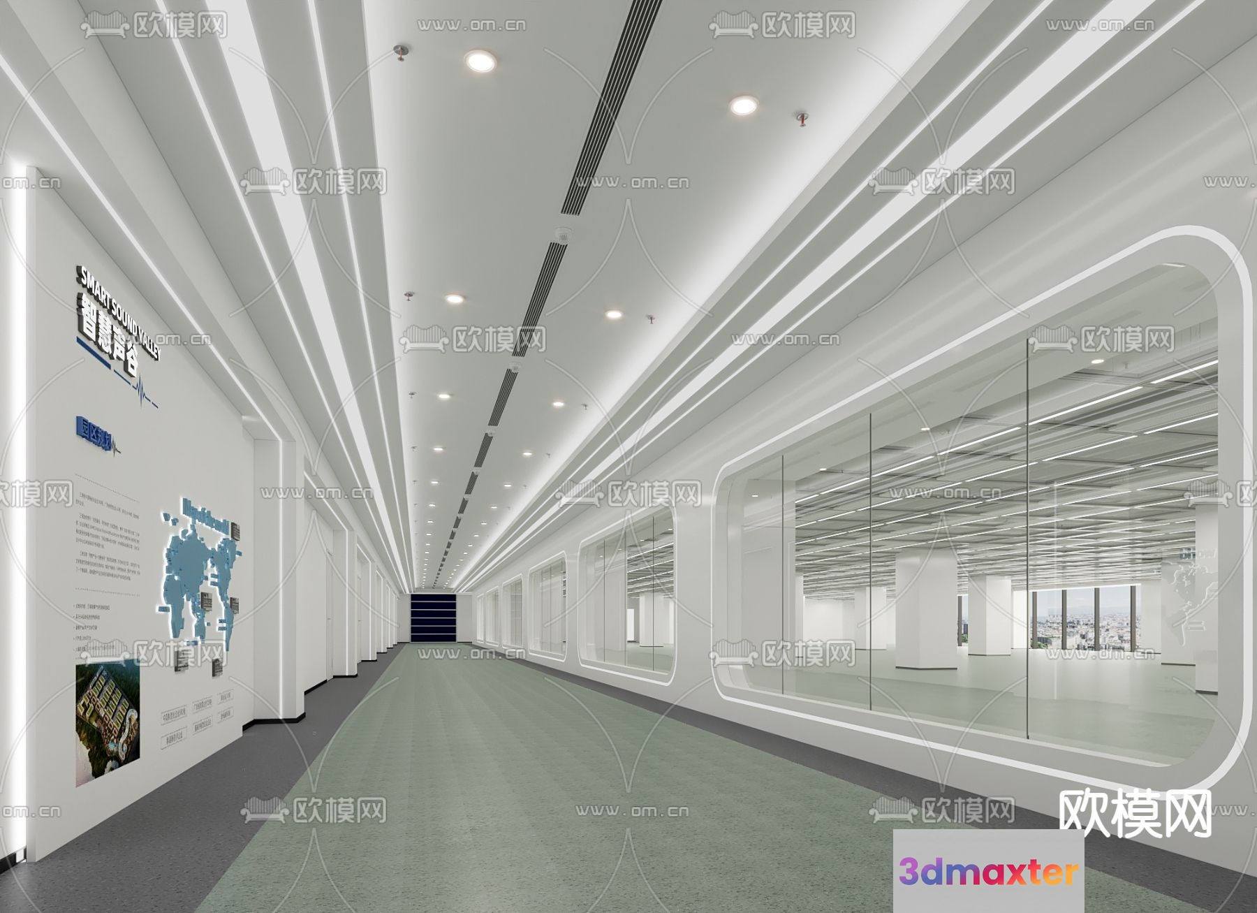 A Large Empty Hallway With White Walls And Ceiling 3D Model - 12413 - VRAY Render