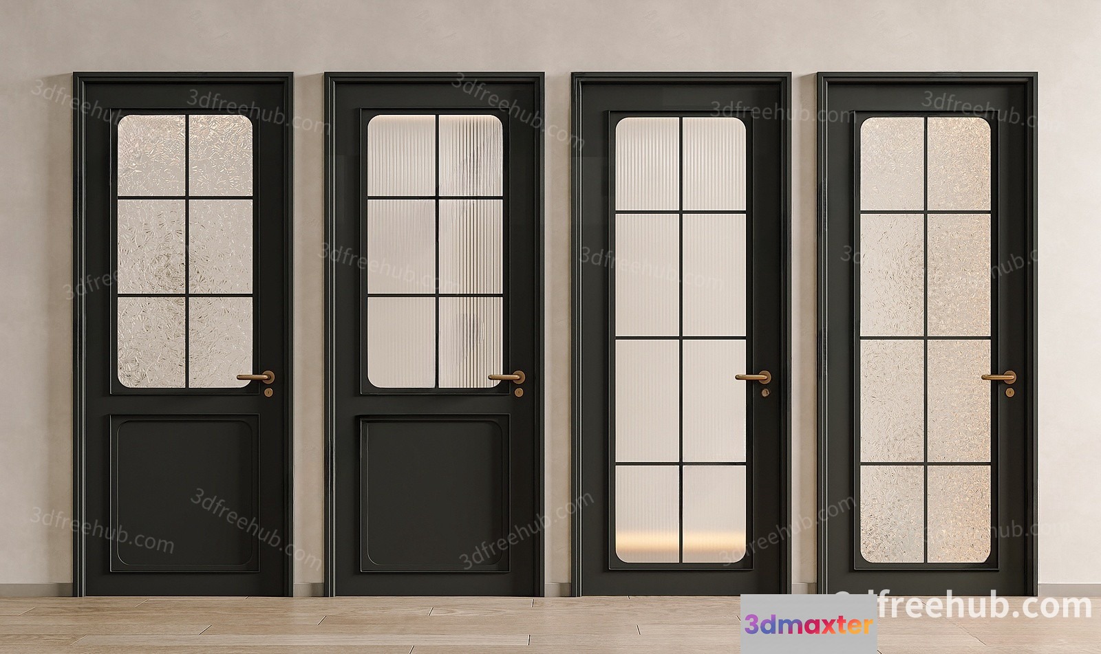 Four Black Doors With Glass Panels 3D Model - 21304 - VRAY Render