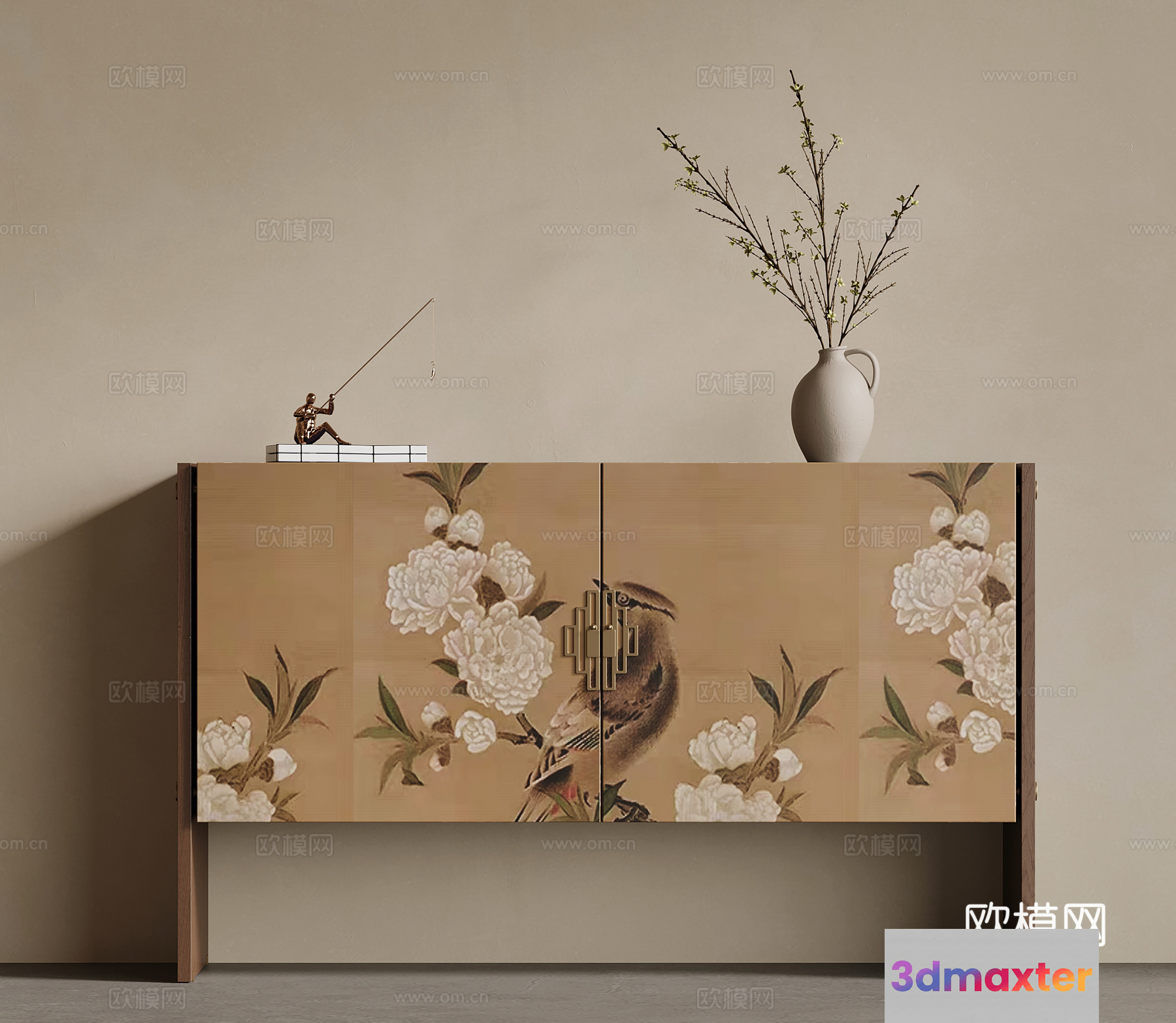 A Brown Cabinet With A Bird And Flower Design 3D Model - 6821 - VRAY Render