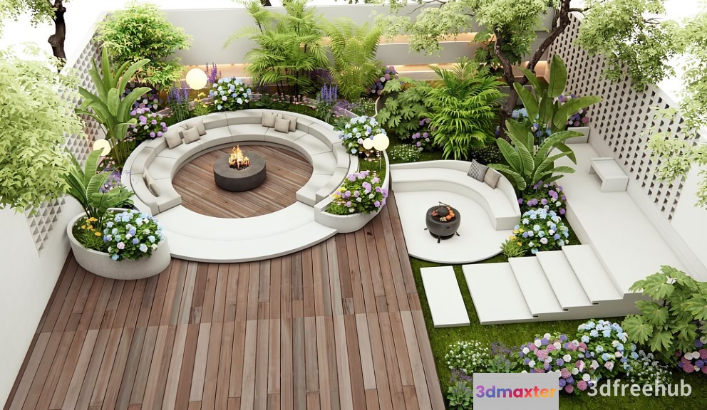 A Modern Backyard With A Fire Pit 3D Model - 23320 - VRAY Render