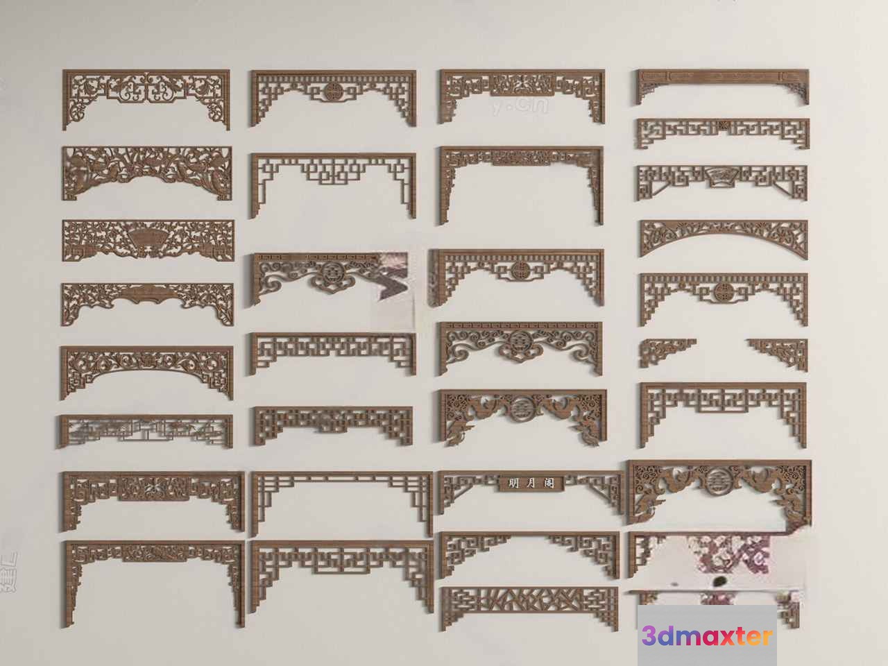 The Main Subject Is A Collection Of Intricate Wooden Designs Likely Decorative Or Architectural 3D Model - 15381 - VRAY Render