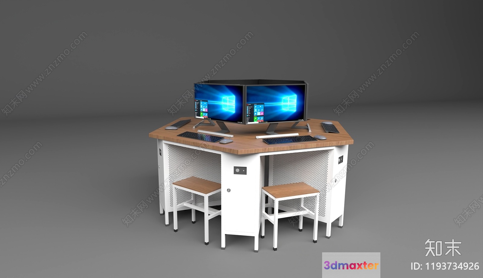 A Computer Desk With Three Monitors 3D Model - 8774 - VRAY Render