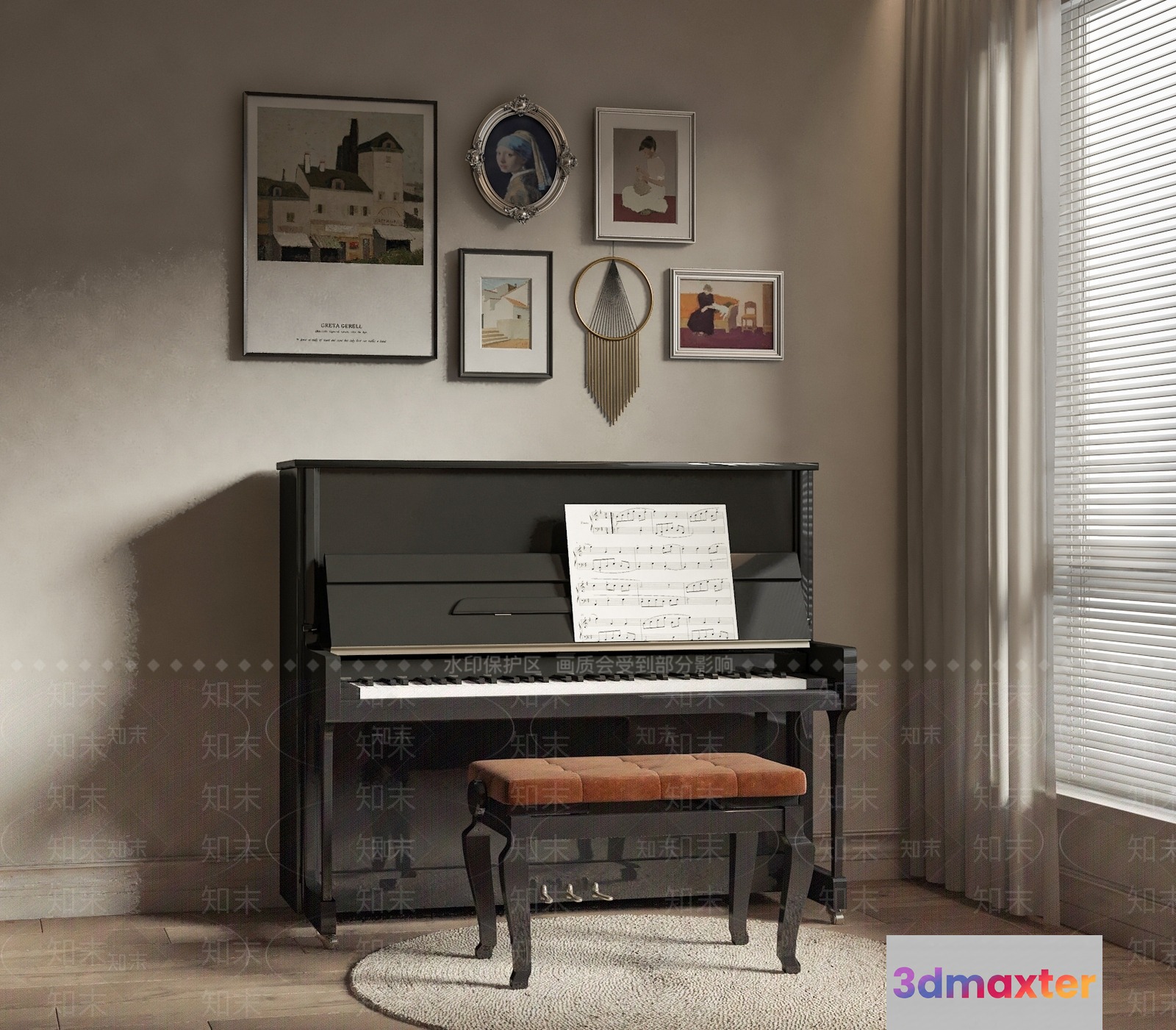 A Black Piano With A Brown Bench 3D Model - 3493 - VRAY Render
