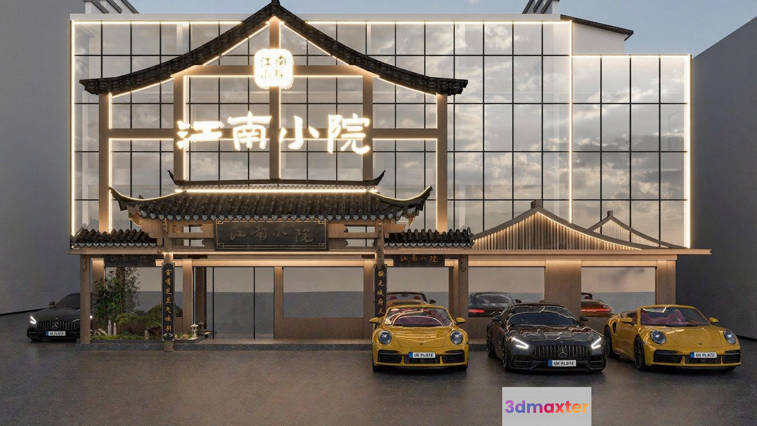A Building With A Large Glass Facade And A Row Of Sports Cars Parked In 3D Model - 4747 - CORONA Render
