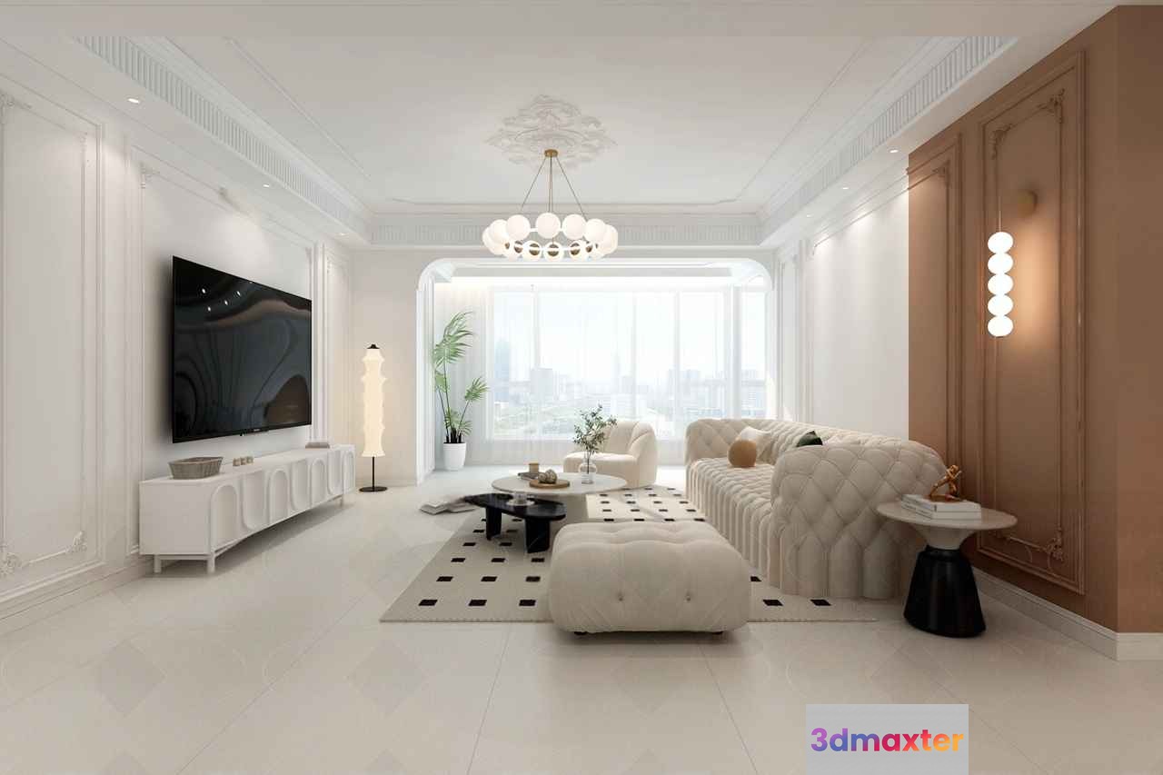 Modern White Living Room 3D Model - 3764 - VRAY Render